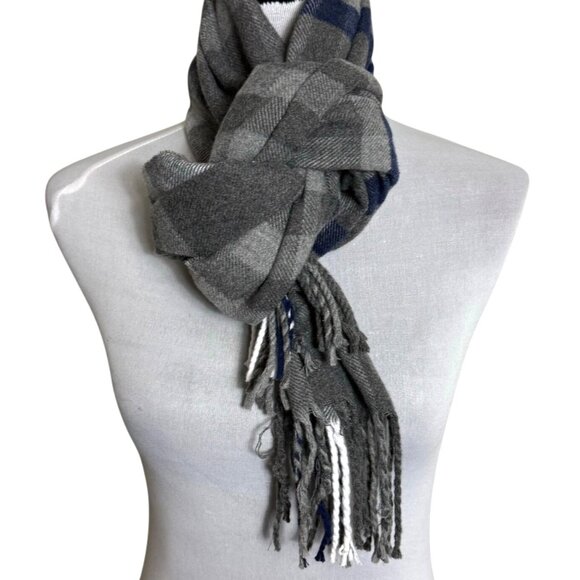 Winter Plaid Cashmere Feel Scarf Tassels Grey Blue Italian Design Warm Gift - Picture 13 of 13